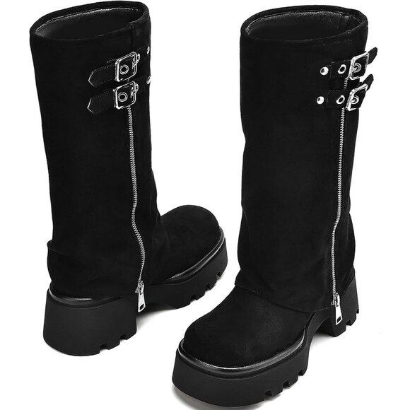 Women's All Black Chunky Slouchy Fold Over Wide Calf Buckle Knee High Boots - Picture 5 of 5